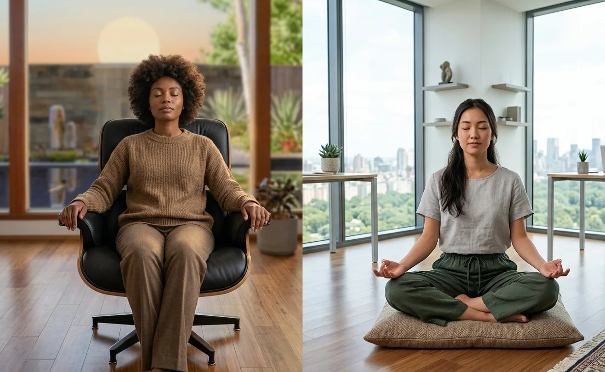 Left, a woman in hypnosis in an Eames lounge chair in the HEKA room at sunrise; right, a woman meditating cross-legged on a cushion by city windows